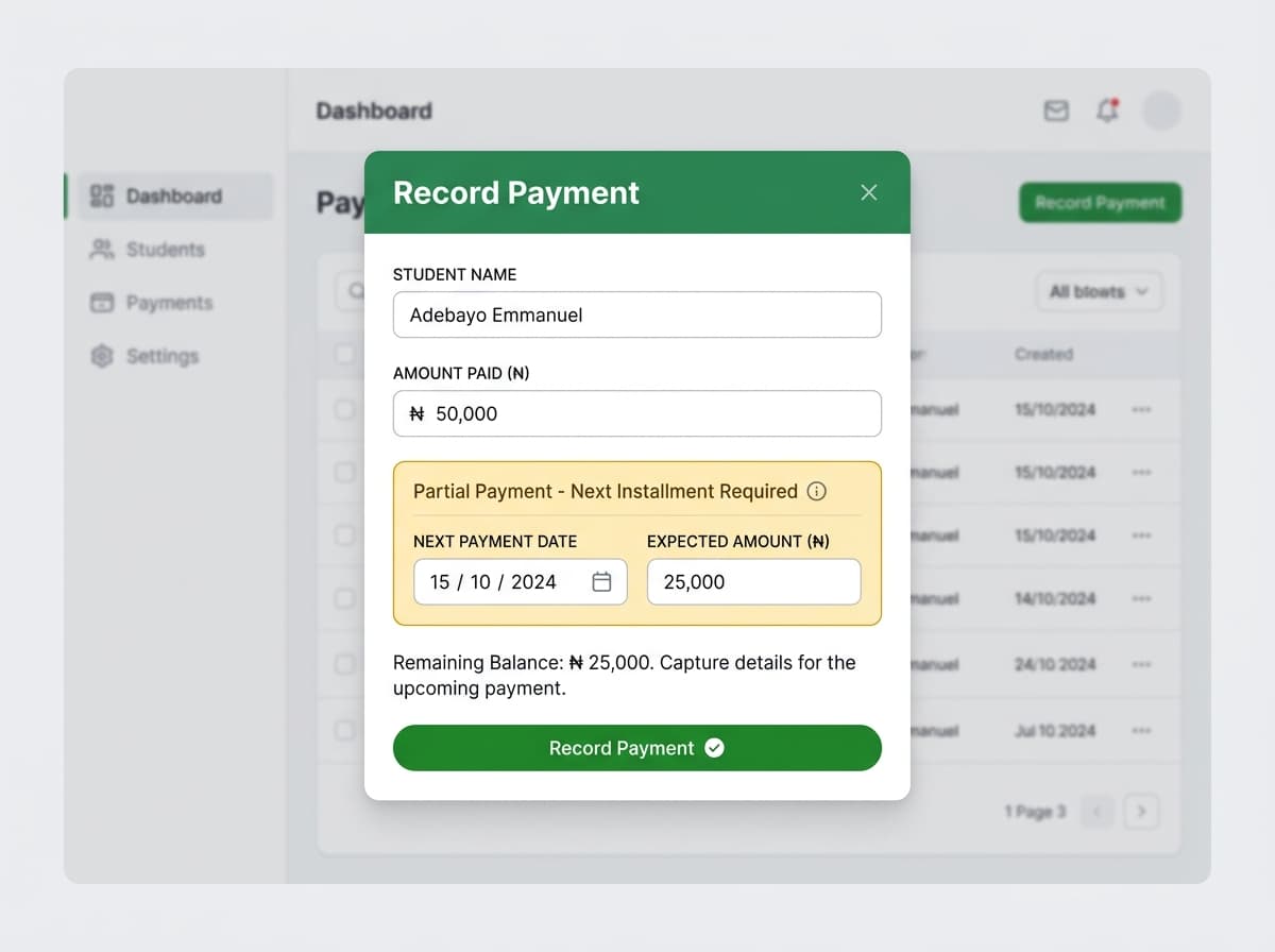 Record payment modal showing partial payment with next instalment required