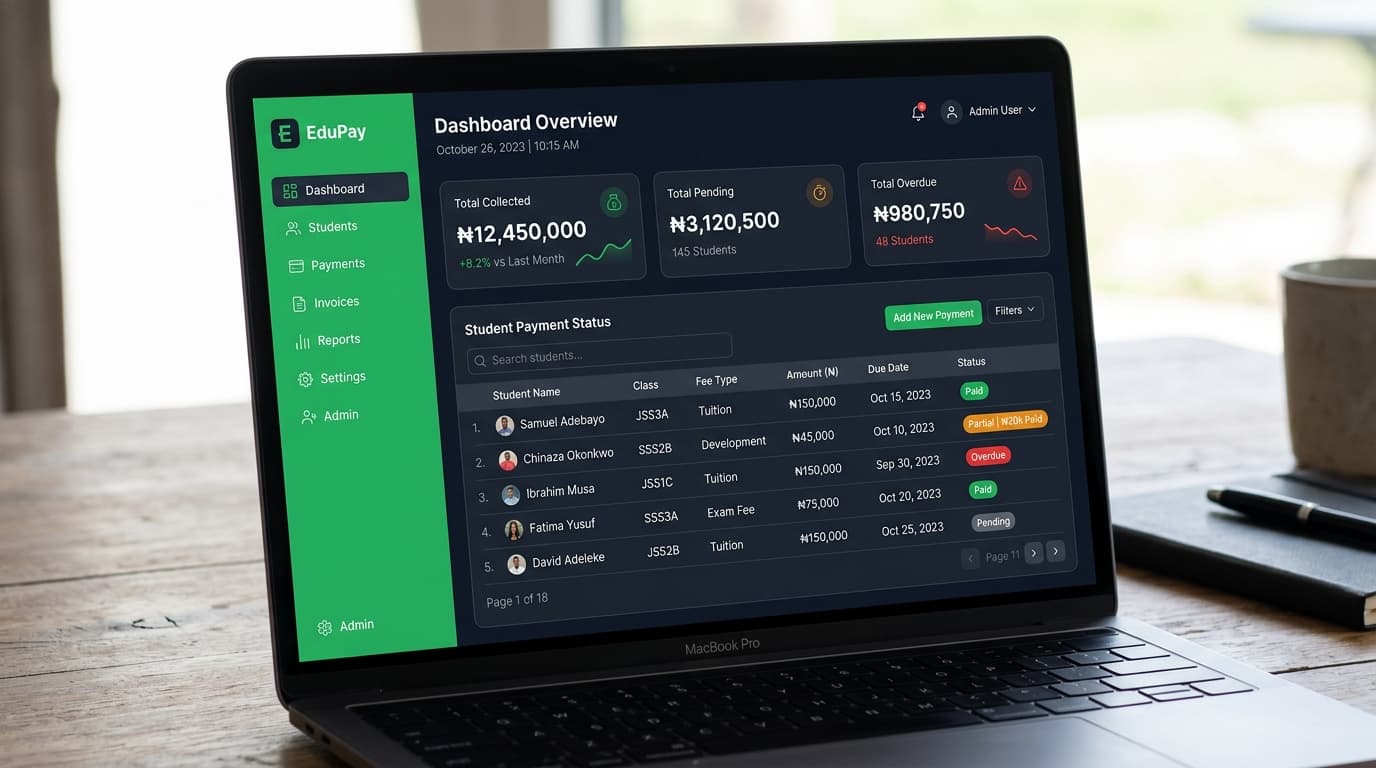 Vecta dashboard showing student payment status with Naira amounts